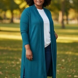 Exclusively Misook Ribbed Open Front Long Cardigan Sweater Green Office Work XL‎